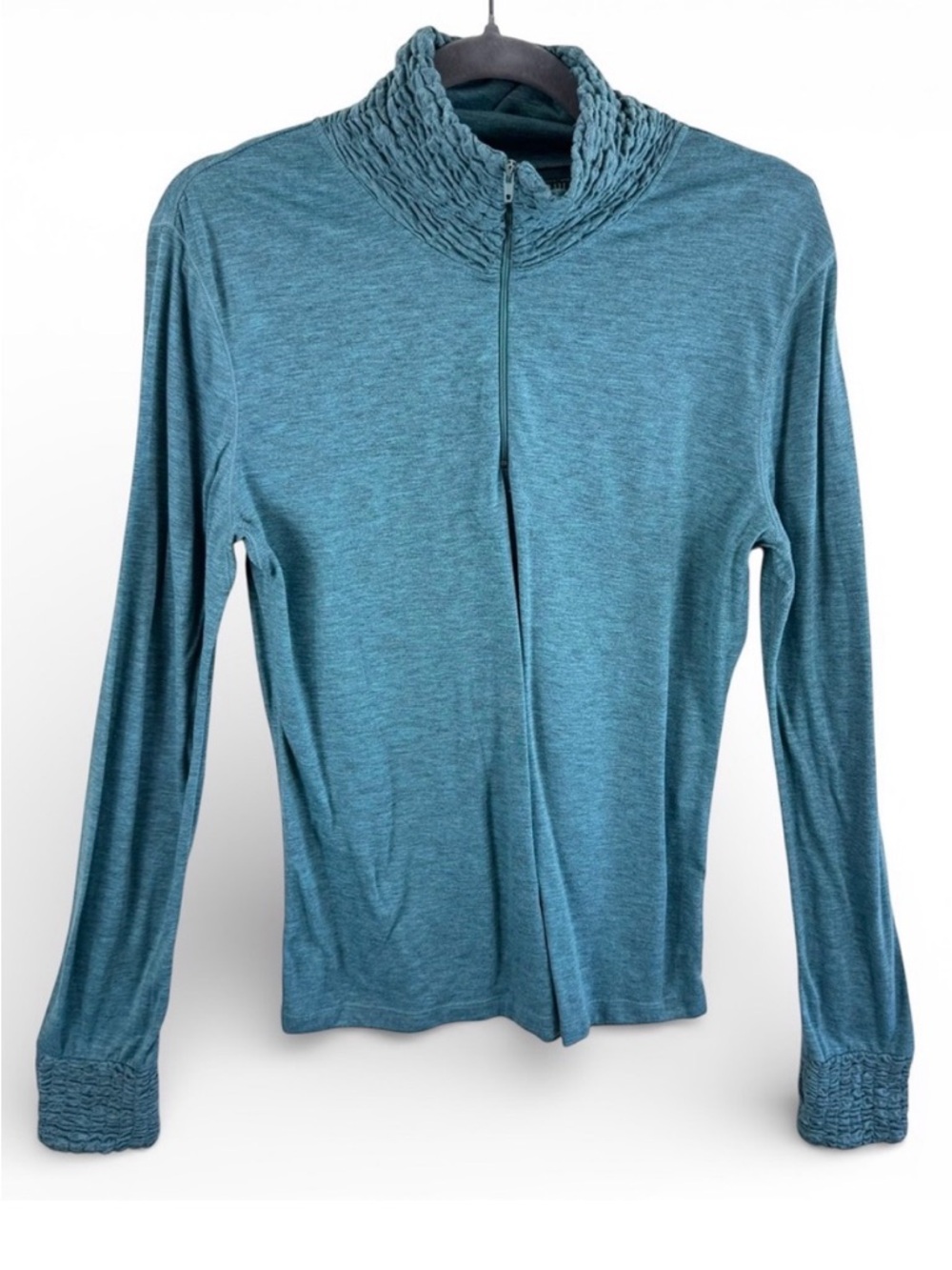 Nils Womens Quarter Zip Base Layer Top Heathered Teal Blue Smocked Collar Large